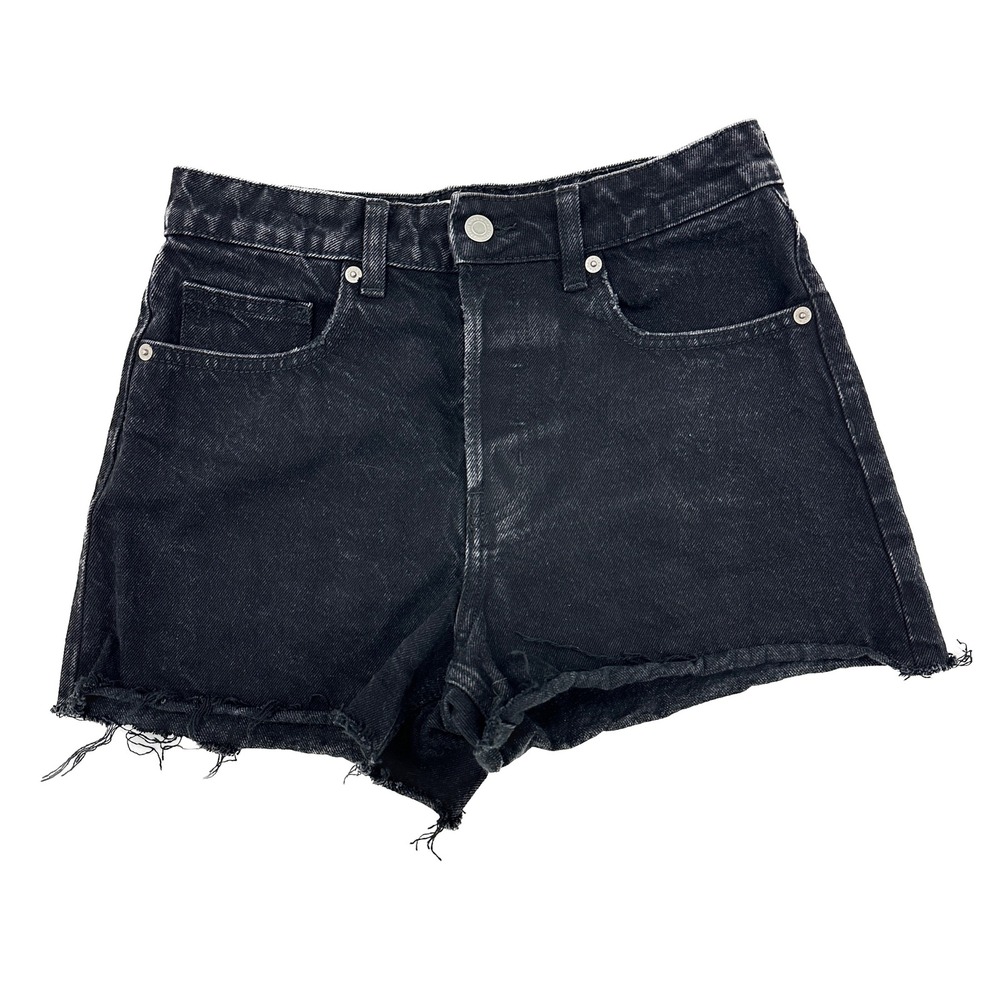 H&M Button Fly Raw Hem Women's size 4‎ Black Denim Jean Shorts